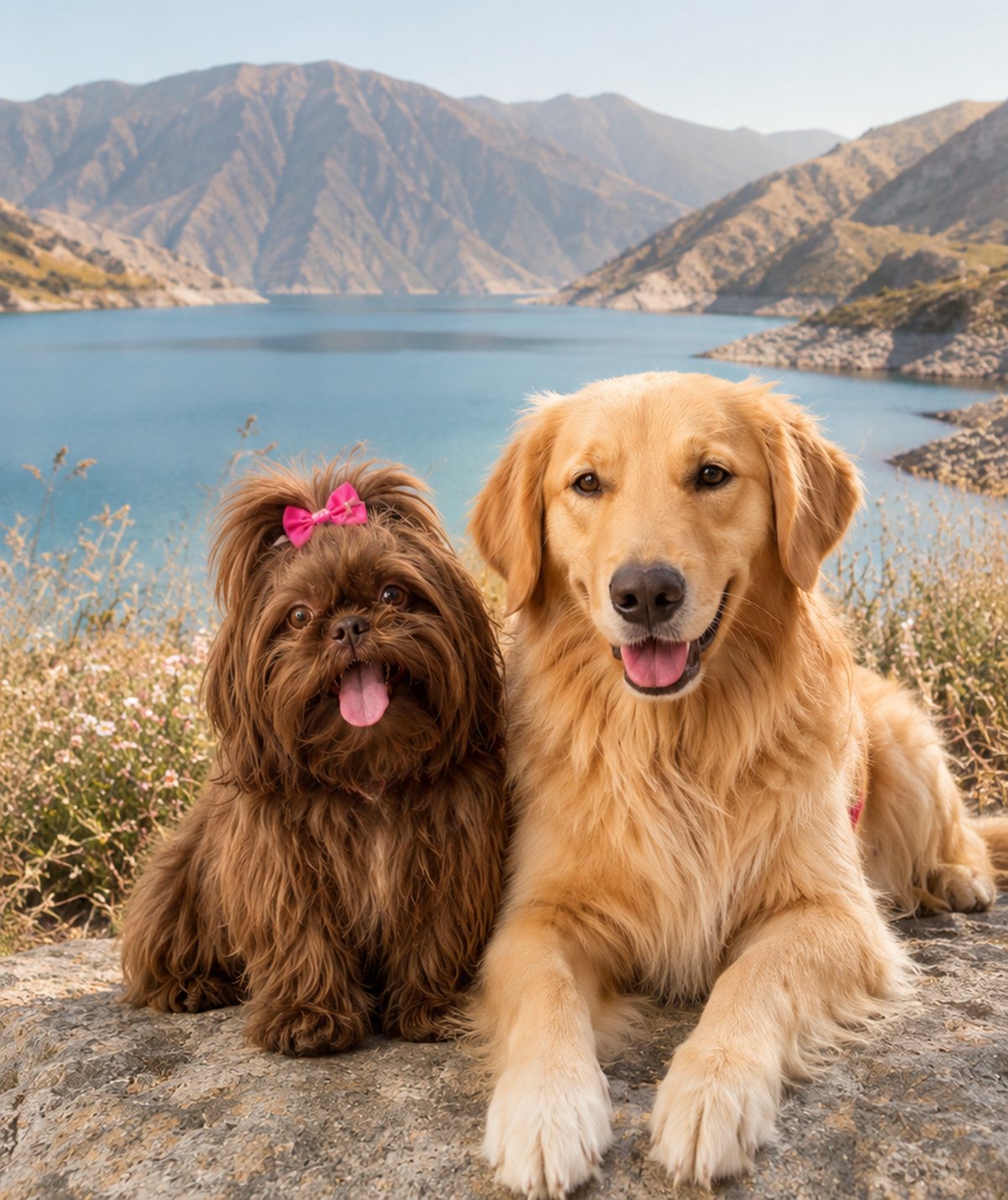 Maria e Bettina, as cachorrinhas de Gabriela e José, com o lago de Potrerillos ao fundo