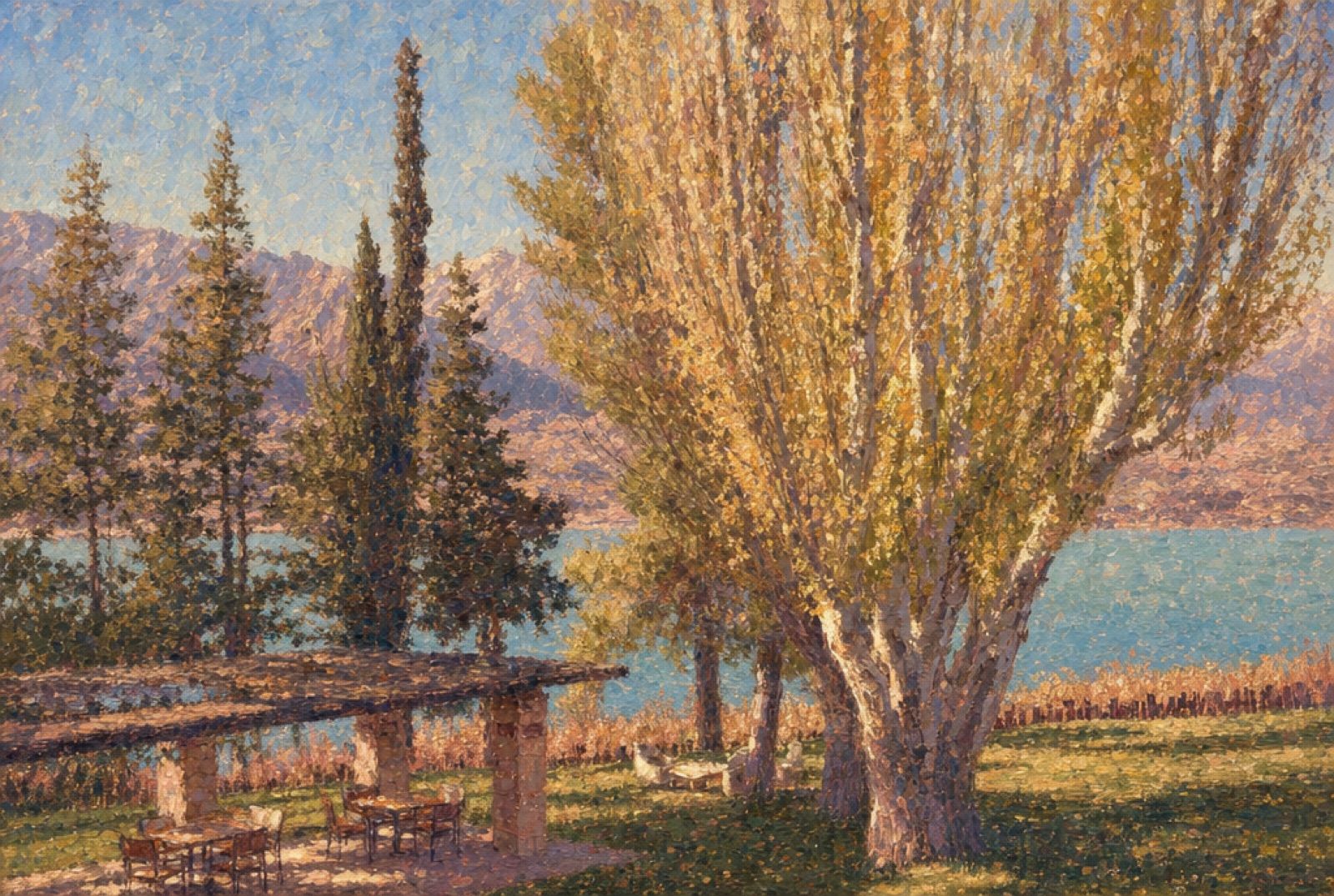 Lago de Potrerillos com choupos, em pintura impressionista