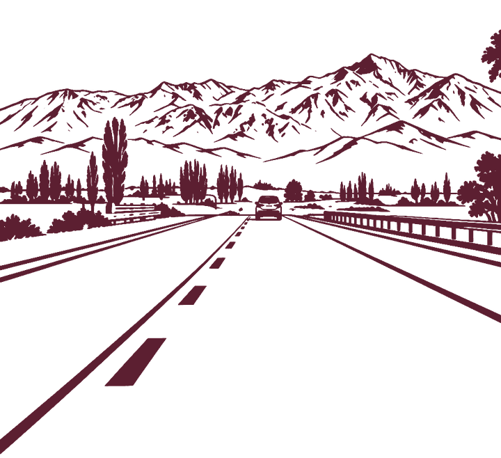 A estrada até Potrerillos, com a cordilheira ao fundo, desenhada em linha