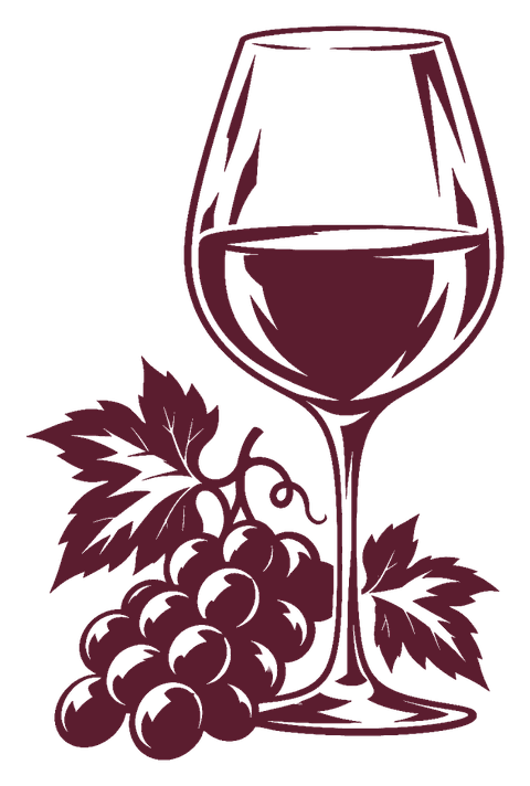 Taça de vinho com cacho de uvas, desenhada em linha